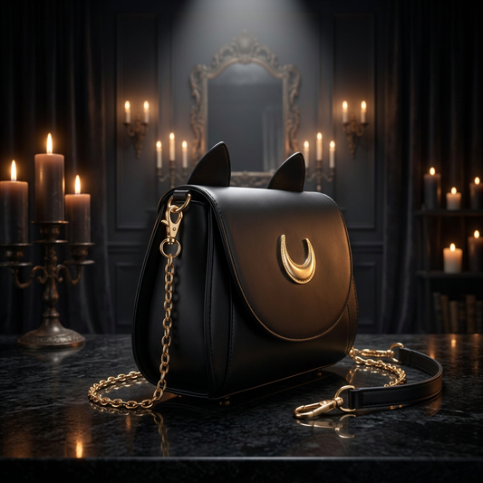 Black vegan leather cat ear crossbody bag with gold crescent moon hardware and adjustable gold chain strap, side angle view on black granite surface in moody candlelit gothic room — dark aesthetic witchy alt fashion handbag — Shadow Realm Supply