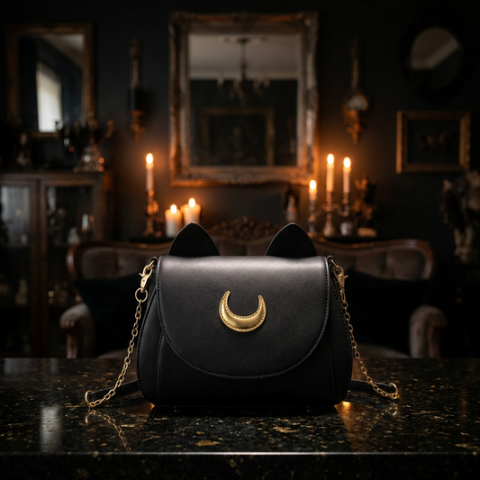 Black vegan leather cat ear crossbody bag with gold crescent moon hardware and gold chain strap, front view on black granite surface in candlelit gothic interior — dark aesthetic witchy alt fashion handbag — Shadow Realm Supply