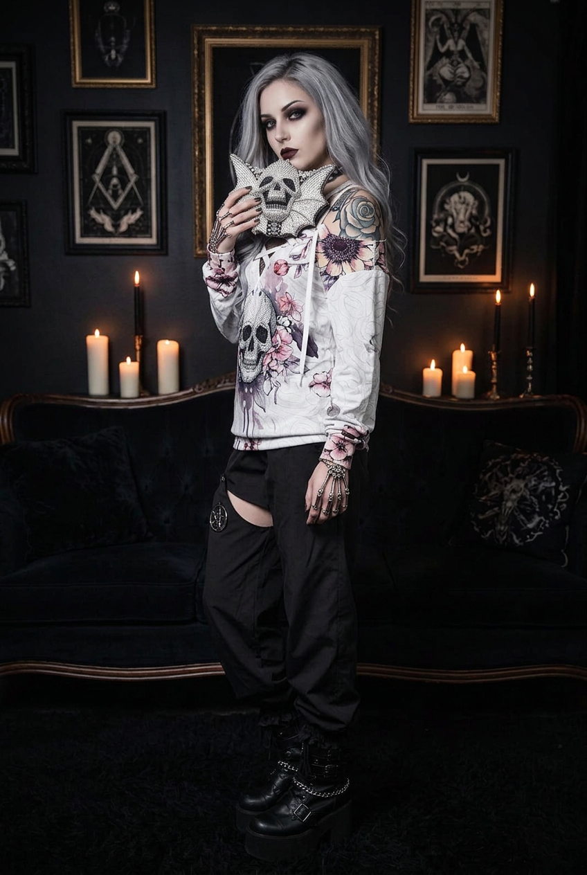 Pink Floral Skull Hoodie with Cargo Pants