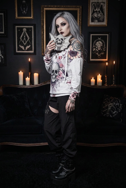Pink Floral Skull Hoodie with Cargo Pants
