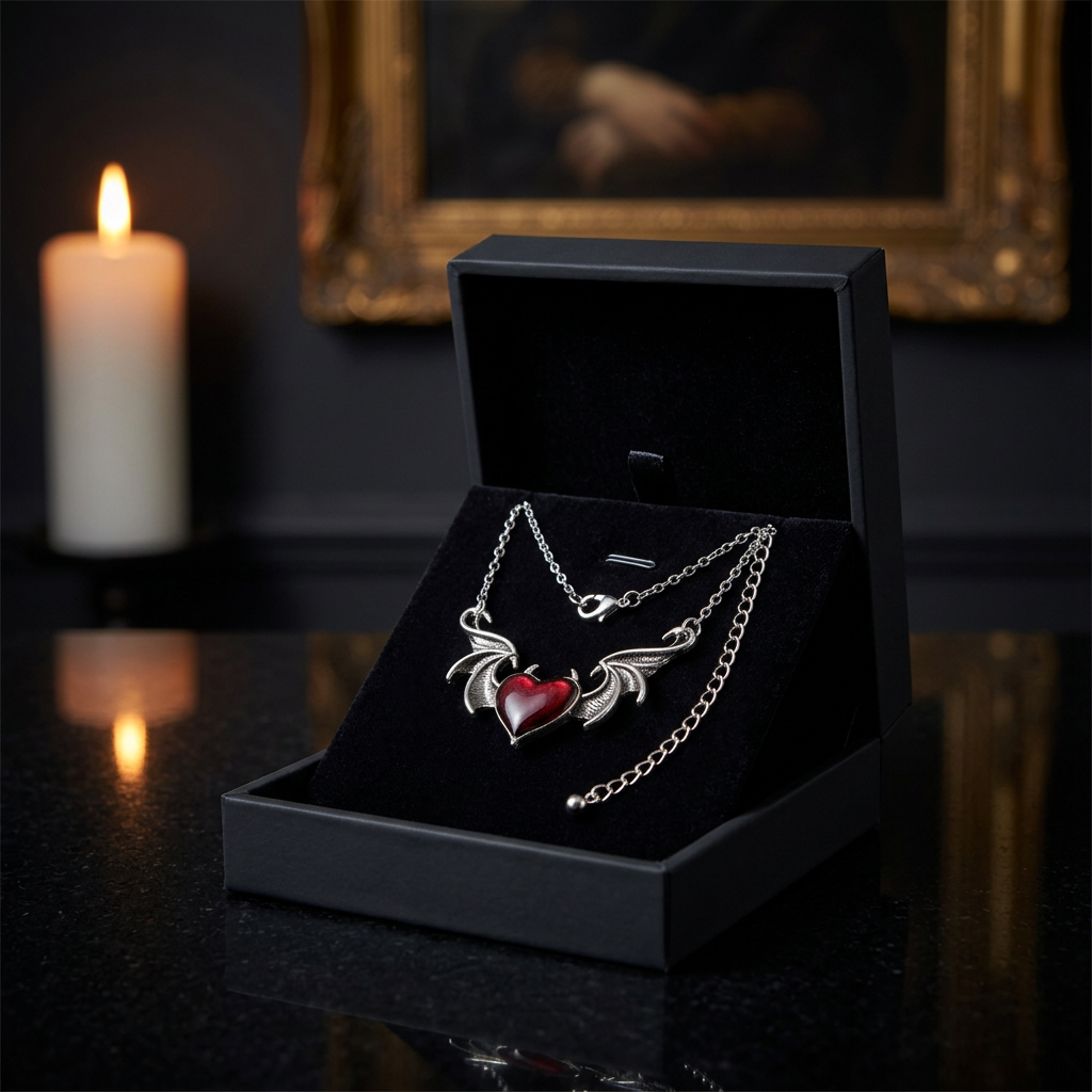 Gothic red heart bat wing pendant necklace with silver chain displayed in open black velvet gift box, styled in candlelit dark gothic interior with ornate gold frame — Shadow Realm Supply
